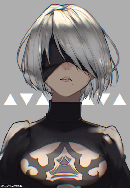 Anime picture 882x1279 with nier nier:automata yorha no. 2 type b kiri ph single tall image fringe short hair simple background signed silver hair upper body parted lips grey background mole puffy sleeves twitter username portrait cleavage cutout mole under mouth