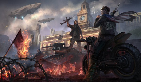 Anime picture 5144x3000 with homefront: the revolution sktneh highres short hair open mouth wide image standing holding absurdres sky cloud (clouds) arm up multiple boys depth of field smoke clothes writing smoking goggles on head screaming boy