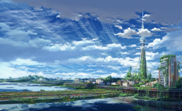 Anime picture 1000x612 with original saitama_bg wide image cloud (clouds) city no people plant (plants) tree (trees) building (buildings) bridge tower