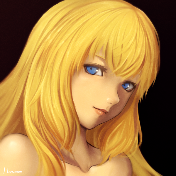 Anime picture 900x900 with original thousand characters project (hananon) venus (thousand characters project) hananon single long hair looking at viewer fringe blue eyes simple background blonde hair bare shoulders black background girl