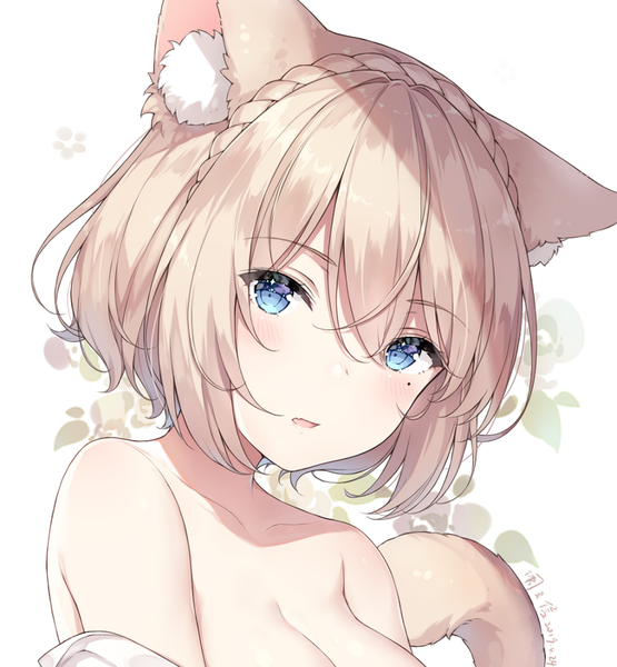 Anime picture 858x927 with final fantasy final fantasy xiv square enix miqo'te ayuanlv single tall image looking at viewer blush fringe short hair breasts open mouth blue eyes light erotic simple background blonde hair hair between eyes large breasts white background
