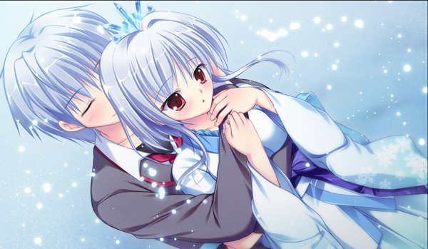 Anime picture 2473x1440 with manatsu no yoru no yuki monogatari shinjou yukina mikeou blush highres short hair red eyes wide image game cg white hair japanese clothes dutch angle couple snowing winter girl boy yukata