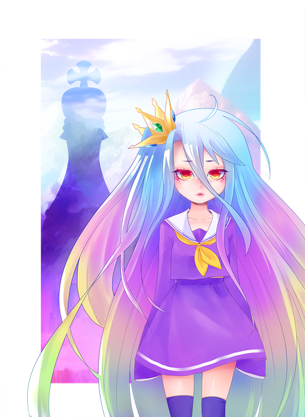 Anime picture 1098x1500 with no game no life madhouse shiro (no game no life) shari cote single tall image looking at viewer blush fringe hair between eyes standing sky purple hair cloud (clouds) very long hair multicolored hair orange eyes sleeves past wrists girl thighhighs