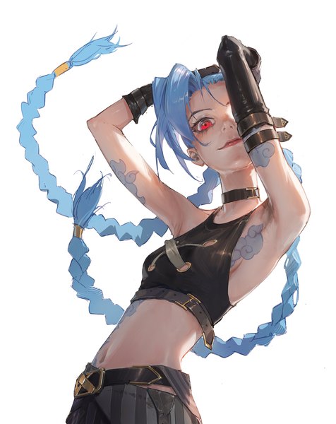 Anime picture 1500x1892 with league of legends jinx (league of legends) dino (dinoartforame) single long hair tall image looking at viewer fringe simple background red eyes white background blue hair upper body braid (braids) midriff tattoo sleeveless twin braids hands on head girl
