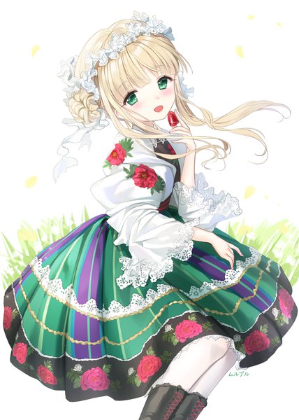 Anime picture 997x1397 with original haruri single long hair tall image looking at viewer blush open mouth blonde hair white background sitting green eyes signed traditional clothes wind loli girl dress flower (flowers) petals