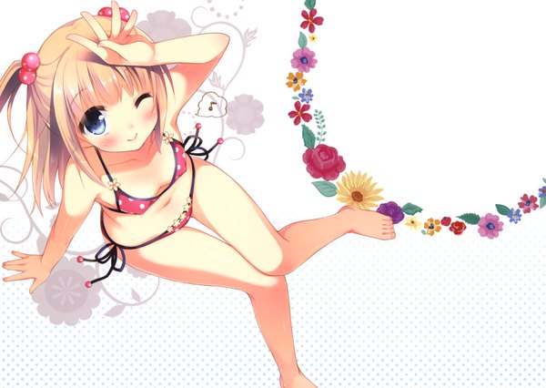 Anime picture 6585x4680 with original pan (mimi) single long hair looking at viewer blush highres blue eyes light erotic blonde hair smile absurdres one eye closed wink two side up girl navel hair ornament flower (flowers) swimsuit