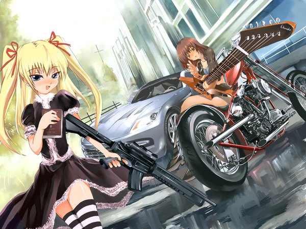 Anime picture 1000x750 with shihira tatsuya long hair blush open mouth blue eyes blonde hair brown hair sitting twintails multiple girls holding brown eyes girl thighhighs ribbon (ribbons) 2 girls hair ribbon gun book (books) building (buildings)