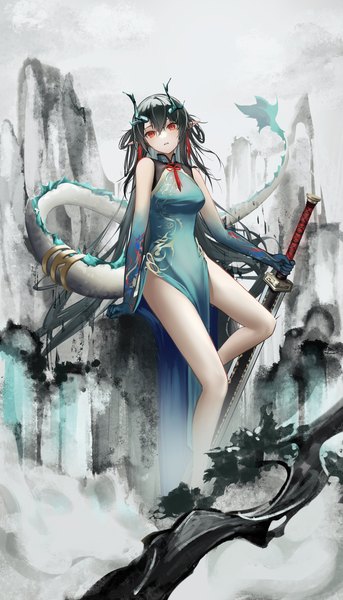 Anime picture 2508x4381 with arknights dusk (arknights) dusk (everything is a miracle) (arknights) mihaia single long hair tall image looking at viewer fringe highres black hair hair between eyes red eyes tail traditional clothes head tilt horn (horns) pointy ears official alternate costume chinese clothes