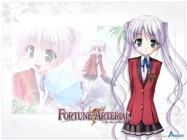 Anime picture 1280x960 with fortune arterial august soft tougi shiro long hair looking at viewer blush twintails green eyes pleated skirt girl skirt uniform school uniform miniskirt