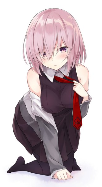 Anime-Bild 551x1000 mit fate (series) fate/grand order mash kyrielight azuuru single tall image looking at viewer blush fringe short hair breasts light erotic simple background white background purple eyes bare shoulders pink hair full body hair over one eye arm support