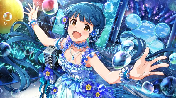 Anime picture 1282x722 with idolmaster idolmaster million live! idolmaster million live! theater days kitakami reika single looking at viewer blush fringe open mouth wide image twintails brown eyes blue hair upper body very long hair from above official art low twintails spread arms frilled dress