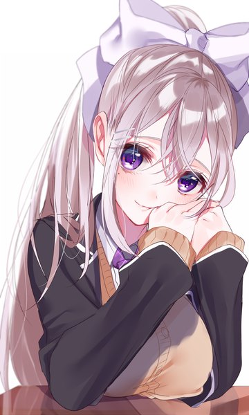 Anime picture 600x1000 with virtual youtuber nijisanji higuchi kaede sinsihukunokonaka single long hair tall image looking at viewer blush fringe simple background hair between eyes white background purple eyes payot silver hair ponytail hands on face girl uniform