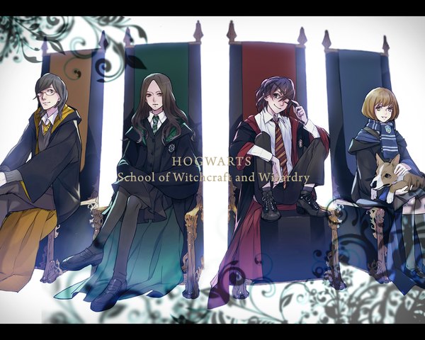 Anime picture 1075x860 with harry potter albus severus potter rose weasley james sirius potter lily luna potter nishihara isao long hair short hair blonde hair smile brown hair sitting purple eyes multiple girls brown eyes green eyes purple hair one eye closed grey hair wink