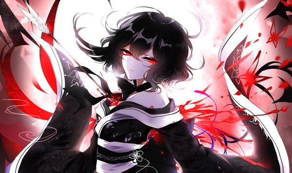 Anime-Bild 2200x1300 mit touhou houjuu nue sheya single looking at viewer highres short hair black hair red eyes wide image traditional clothes japanese clothes off shoulder alternate costume injury cropped deep wound girl petals kimono