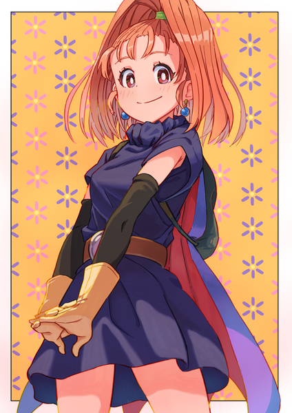 Anime picture 1447x2047 with dragon quest dragon quest vi barbara (dq6) neko (hansinn) single long hair tall image looking at viewer smile red eyes standing ponytail orange hair border outside border interlocked fingers floral background girl gloves earrings