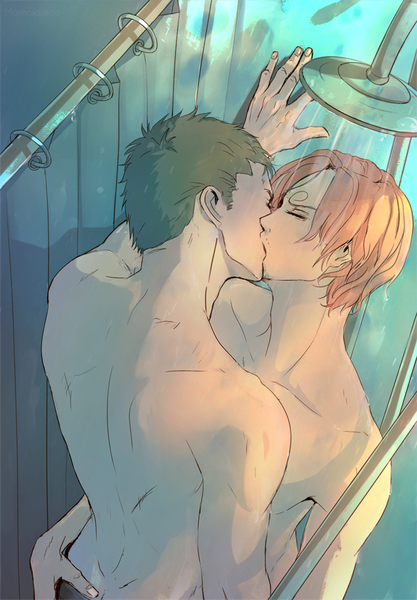 Anime picture 800x1151 with one piece toei animation roronoa zoro sanji marmalade (elfless vanilla) tall image short hair light erotic blonde hair standing signed upper body eyes closed profile green hair from above arm support multiple boys wet hug