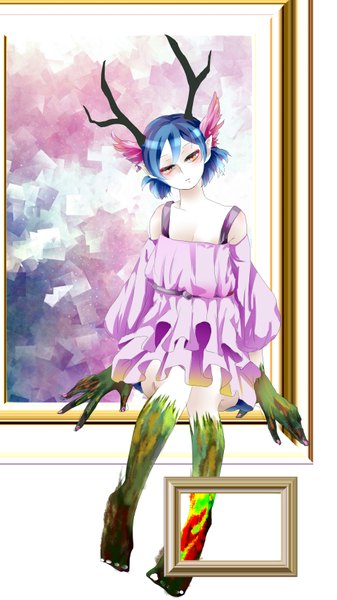Anime picture 1920x3416 with c: the money of soul and possibility control q (control) kinmokusay single tall image highres short hair red eyes bare shoulders blue hair horn (horns) pointy ears empty picture frame girl dress picture frame