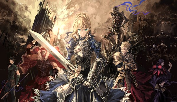 Anime picture 1200x693 with fate (series) fate/stay night fate/zero studio deen type-moon artoria pendragon (all) saber gilgamesh (fate) diarmuid ua duibhne (lancer) (fate) berserker (fate/zero) rider (fate/zero) caster (fate/zero) assassin (fate/zero) makai no juumin short hair black hair blonde hair red eyes wide image sky