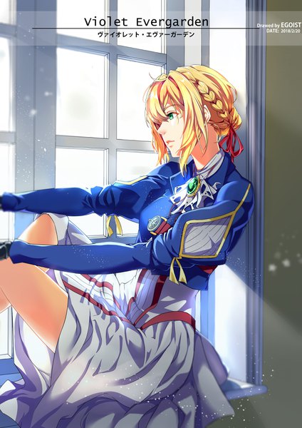 Anime picture 2480x3508 with violet evergarden kyoto animation violet evergarden (character) egoist-001 single tall image fringe highres short hair blonde hair hair between eyes sitting green eyes signed looking away indoors braid (braids) puffy sleeves copyright name dated