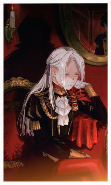 Anime picture 1229x2048 with fire emblem fire emblem: three houses nintendo edelgard von hresvelg xxmkkh long hair tall image sitting purple eyes payot looking away white hair indoors long sleeves shadow puffy sleeves border reflection solo focus head rest