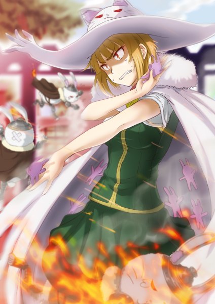 Anime picture 848x1200 with witch craft works j.c. staff kuraishi tanpopo anti (0324) single tall image short hair blonde hair orange eyes witch girl skirt uniform school uniform hat witch hat skirt set fire bunny