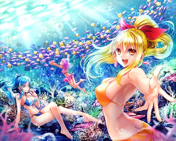 Anime picture 1000x800 with umi monogatari zexcs marin urin (umi monogatari) warin mitsunari miyako long hair looking at viewer fringe breasts open mouth blue eyes light erotic blonde hair smile multiple girls blue hair pink hair bent knee (knees) ass