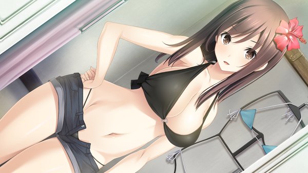 Anime picture 1280x720 with haru kiss giga shiraishi aoi mikoto akemi single long hair looking at viewer blush fringe breasts open mouth light erotic smile brown hair wide image large breasts bare shoulders brown eyes game cg cleavage