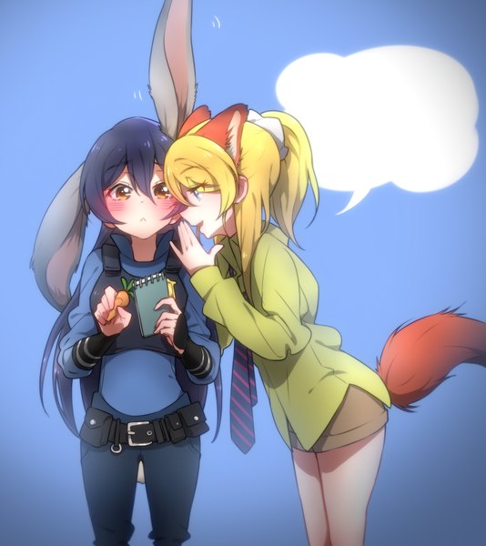 Anime picture 1069x1200 with love live! school idol project zootopia sunrise (studio) love live! disney ayase eli sonoda umi judy hopps nick wilde futonchan long hair tall image looking at viewer blush fringe open mouth blue eyes simple background blonde hair hair between eyes