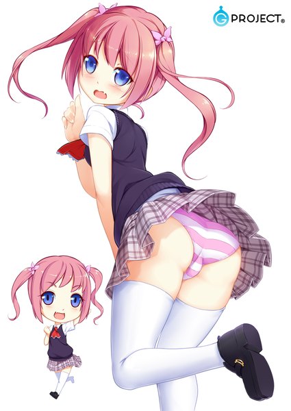Anime picture 1417x2000 with original blvefo9 long hair tall image blush open mouth blue eyes light erotic simple background white background twintails pink hair ass chibi girl thighhighs uniform underwear panties bow