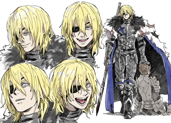 Anime picture 1200x863 with fire emblem fire emblem: three houses nintendo dimitri alexandre blaiddyd kamo (onagachan) fringe short hair open mouth blue eyes simple background blonde hair smile hair between eyes white background full body :d multiple boys face multiview evil grin