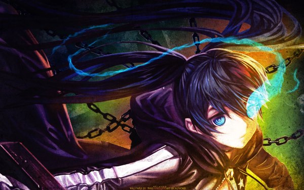 Anime picture 2560x1600 with black rock shooter black rock shooter (character) single long hair looking at viewer highres blue eyes black hair wide image twintails glowing glowing eye (eyes) girl