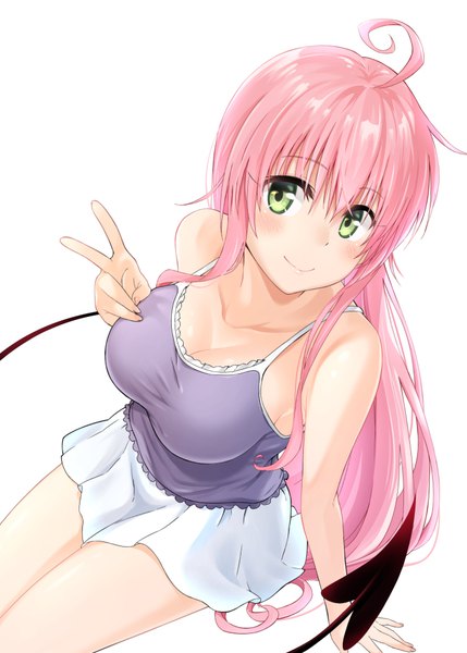 イラスト 740x1035 と とらぶる To LOVEる -とらぶる- ダークネス xebec lala satalin deviluke きぶん屋 ソロ 長身像 カメラ目線 赤面 前髪 おっぱい light erotic simple background 笑顔 hair between eyes 大きな乳房 白背景 座る 緑の目 ピンク髪