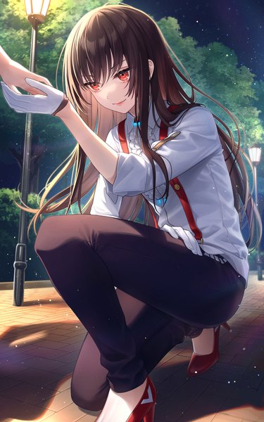 Anime picture 2500x4000 with heaven burns red yanagi mion mairo (ilo) long hair tall image fringe highres smile hair between eyes red eyes brown hair full body outdoors night high heels night sky kneeling girl gloves plant (plants)