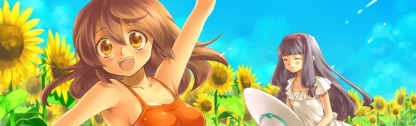 Anime picture 1500x458 with kayou (kayou-bi) long hair blush short hair smile brown hair wide image bare shoulders multiple girls sky purple hair eyes closed orange eyes sleeveless happy girl dress 2 girls hat hairband