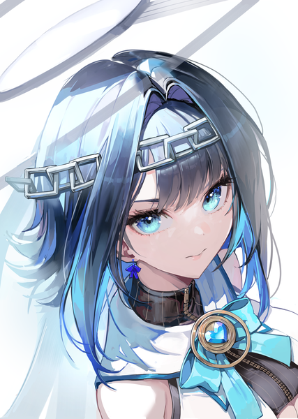 Anime picture 2460x3460 with virtual youtuber hololive hololive english ouro kronii ouro kronii (1st costume) misyune single tall image looking at viewer fringe highres short hair blue eyes black hair simple background hair between eyes white background upper body from above girl