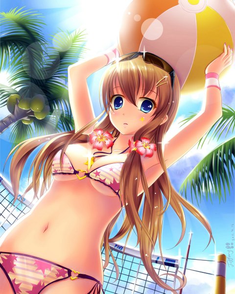 Anime picture 1000x1249 with original jeffery (backam) single long hair tall image breasts blue eyes light erotic brown hair hair flower arms up from below underboob sunglasses on head star print girl navel hair ornament swimsuit bikini