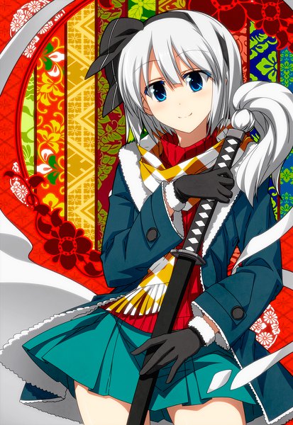 Anime picture 826x1200 with touhou konpaku youmu myon sazanami mio single tall image looking at viewer blush short hair blue eyes smile silver hair light smile girl skirt gloves weapon miniskirt sword black gloves