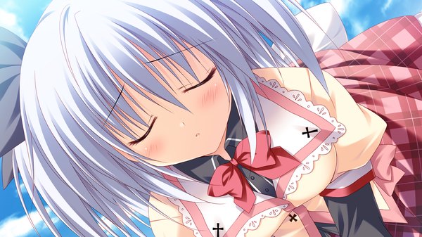 Anime picture 1280x720 with gakuou mayuzumi hinayu korie riko blush short hair wide image game cg white hair eyes closed loli girl uniform ribbon (ribbons) hair ribbon school uniform bowtie