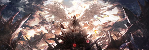 Anime picture 3150x1072 with original c.c.r single looking at viewer highres short hair smile brown hair wide image standing sky cloud (clouds) full body black eyes lens flare landscape angel wings hands clasped white wings rock