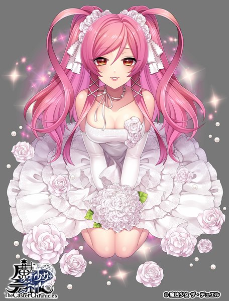 Anime picture 761x1000 with the caster chronicles takamiya ren single long hair tall image looking at viewer simple background smile red eyes twintails bare shoulders pink hair cleavage grey background official art copyright name girl dress gloves hair ornament