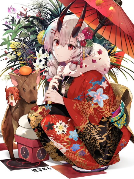 Anime picture 903x1200 with fate (series) fate/grand order tomoe gozen (fate) fujimaru ritsuka (female) hirai yuzuki single long hair tall image looking at viewer fringe smile hair between eyes red eyes signed silver hair full body braid (braids) traditional clothes head tilt japanese clothes