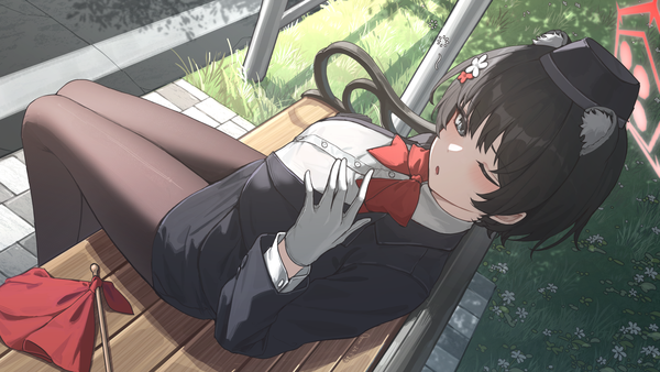 Anime-Bild 4992x2808 mit blue archive tsubaki (blue archive) tsubaki (guide) (blue archive) chiyo akira single blush highres short hair light erotic black hair wide image sitting animal ears absurdres outdoors one eye closed from above official alternate costume girl gloves