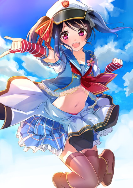 Anime-Bild 2000x2828 mit love live! school idol project sunrise (studio) love live! yazawa nico satoimo chika single long hair tall image looking at viewer blush fringe highres open mouth black hair smile twintails sky cloud (clouds) bent knee (knees) outdoors