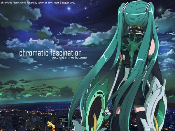Anime picture 1600x1200 with vocaloid hatsune miku sakon04 (sakonlieur) single sky cloud (clouds) very long hair green hair from behind inscription zettai ryouiki cityscape no face girl thighhighs skirt weapon black thighhighs detached sleeves miniskirt