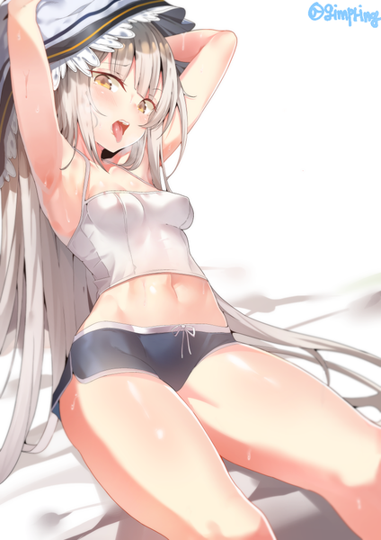 Anime picture 800x1131 with original k pring single long hair tall image looking at viewer blush fringe breasts light erotic simple background white background signed yellow eyes silver hair arms up armpit (armpits) midriff sweat twitter username