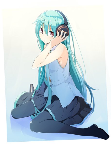 Anime picture 2149x2825 with vocaloid hatsune miku kazenoko single long hair tall image looking at viewer blush fringe highres simple background hair between eyes red eyes sitting bare shoulders full body pleated skirt arm up aqua hair gradient background