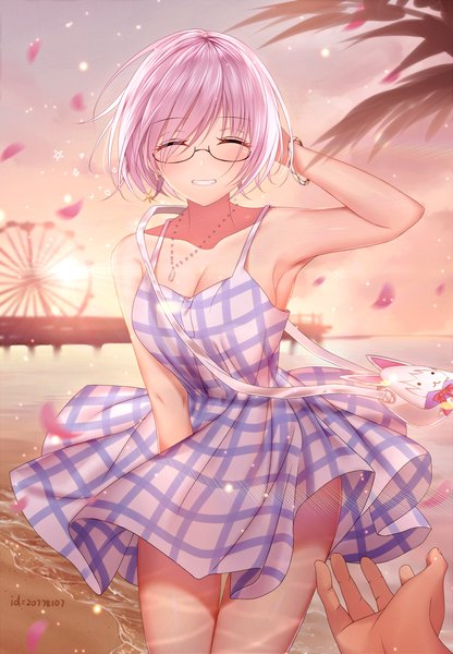 Anime picture 2083x3000 with fate (series) fate/grand order mash kyrielight fou (fate) junpaku karen tall image blush fringe highres short hair smile pink hair cleavage eyes closed armpit (armpits) solo focus arm behind head ^ ^ pov real world location
