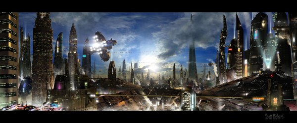 Anime picture 3360x1400 with original rich35211 highres wide image sky cloud (clouds) sunlight city light smoke cityscape building (buildings) aircraft skyscraper airship