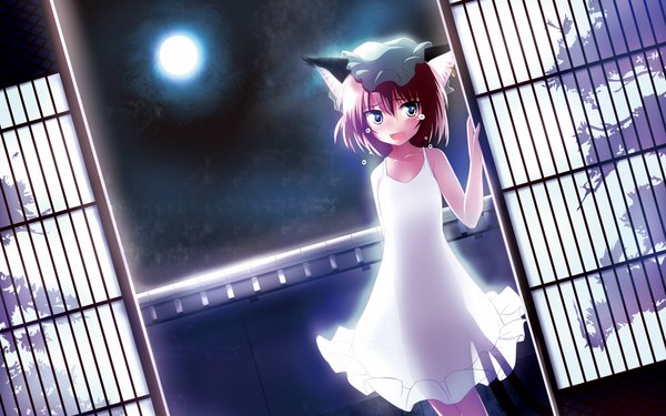Anime picture 1440x900 with touhou chen open mouth blue eyes wide image standing animal ears red hair animal tail cat ears teeth cat girl fang (fangs) tears flat chest crying girl dress hat white dress