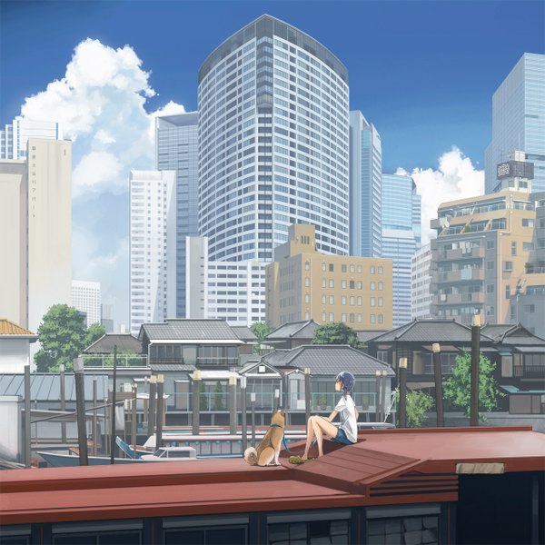 Anime picture 1280x1280 with original kusakabe (artist) black hair sitting cloud (clouds) city looking up cityscape scenic girl animal building (buildings) dog